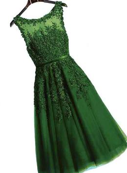 Picture of Dark Green Round Neckline Tea Length Lace Party Dresses, Wedding Party Dresses